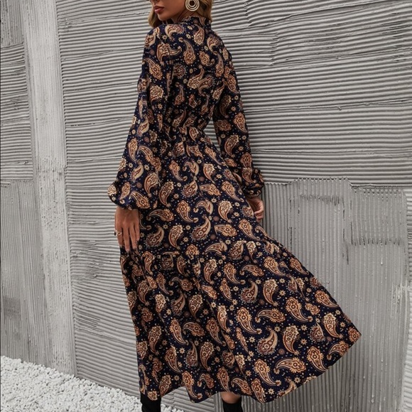 Boho Gypsy Paisley Floral Print Long Sleeve Shirt Dress Without Belt - Picture 7 of 7